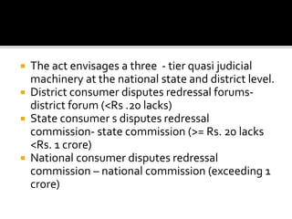  The act envisages a three - tier quasi judicial
machinery at the national state and district level.
 District consumer disputes redressal forums-
district forum (<Rs .20 lacks)
 State consumer s disputes redressal
commission- state commission (>= Rs. 20 lacks
<Rs. 1 crore)
 National consumer disputes redressal
commission – national commission (exceeding 1
crore)
 