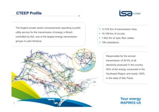 Your energy
INSPIRES US3
CTEEP Profile
A estratégia da CTEEP é baseada no crescimento sustentável
com foco na contínua criação de valor13,724 Km of transmission lines;
19,189 Km of circuits;
1,952 Km of optic fiber cables
106 substations.
Responsible for the annual
transmission of 30.0% of all
electricity produced in the country,
60% of the energy consumed in the
Southeast Region and nearly 100%
in the state of São Paulo;
The largest private sector concessionaire operating a public
utility service for the transmission of energy in Brazil,
controlled by ISA, one of the largest energy transmission
groups in Latin America.
 