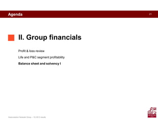 21
Assicurazioni Generali Group – 1Q 2013 results
Agenda
II. Group financials
Profit & loss review
Life and P&C segment profitability
Balance sheet and solvency I
 