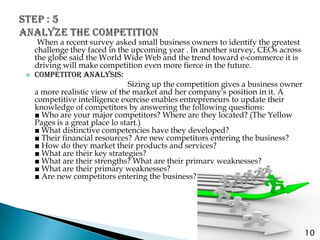 When a recent survey asked small business owners to identify the greatest
    challenge they faced in the upcoming year . In another survey, CEOs across
    the globe said the World Wide Web and the trend toward e-commerce it is
    driving will make competition even more fierce in the future.
   COMPETITOR ANALYSIS:
                                Sizing up the competition gives a business owner
    a more realistic view of the market and her company's position in it. A
    competitive intelligence exercise enables entrepreneurs to update their
    knowledge of competitors by answering the following questions:
    ■ Who are your major competitors? Where are they located? (The Yellow
    Pages is a great place lo start.)
    ■ What distinctive competencies have they developed?
    ■ Their financial resources? Are new competitors entering the business?
    ■ How do they market their products and services?
    ■ What are their key strategies?
    ■ What are their strengths? What are their primary weaknesses?
    ■ What are their primary weaknesses?
    ■ Are new competitors entering the business?




                                                                                   10
 