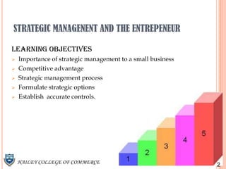 STRATEGIC MANAGENENT AND THE ENTREPENEUR

LEARNING OBJECTIVES
   Importance of strategic management to a small business
   Competitive advantage
   Strategic management process
   Formulate strategic options
   Establish accurate controls.




    HAILEY COLLEGE OF COMMERCE                               2
 