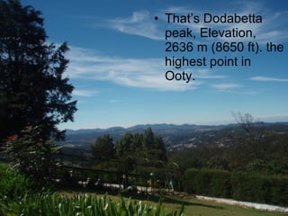 That’s Dodabetta peak, Elevation, 2636 m (8650 ft). the highest point in Ooty. 