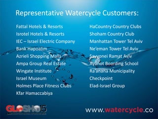 Representative Watercycle Customers:
Fattal Hotels & Resorts
Isrotel Hotels & Resorts
IEC – Israel Electric Company
Bank Hapoalim
Azrieli Shopping Malls
Ampa Group Real Estate
Wingate Institute
Israel Museum
Holmes Place Fitness Clubs
Kfar Hamaccabiya
HaCountry Country Clubs
Shoham Country Club
Manhattan Tower Tel Aviv
Ne’eman Tower Tel Aviv
Savyonei Ramat Aviv
Ayanot Boarding School
Ra’anana Municipality
Checkpoint
Elad-Israel Group
 