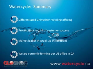 Watercycle: Summary
Differentiated Greywater recycling offering
Proven track record of customer success
Market leader in Israel: 35 installations
We are currently forming our US office in CA
 