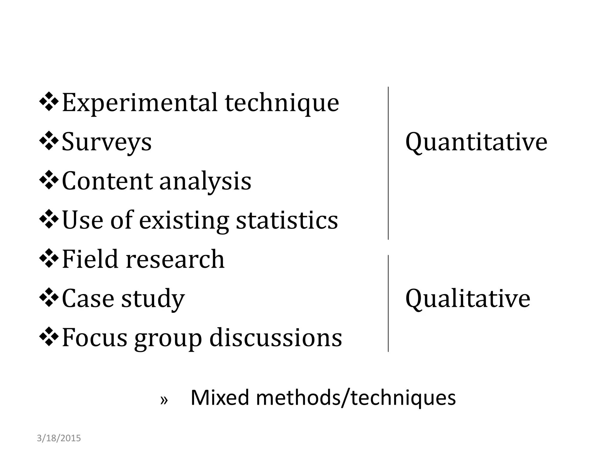 Experimental technique
Surveys Quantitative
Content analysis
Use of existing statistics
Field research
Case study Qualitative
Focus group discussions
» Mixed methods/techniques
3/18/2015
 