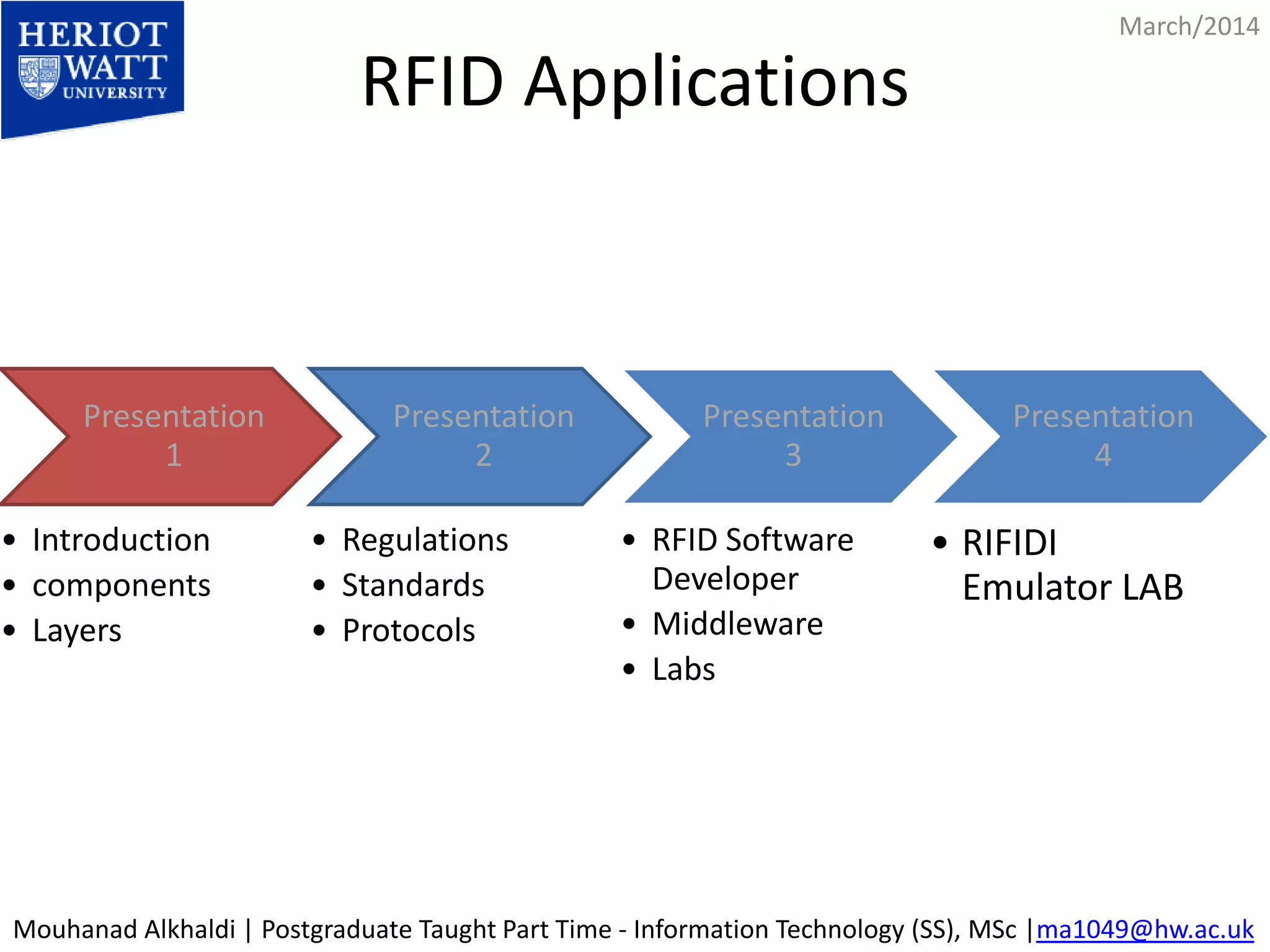 RFID Applications 
March/2014 
Presentation 
1 
• Introduction 
• components 
• Layers 
Presentation 
2 
• Regulations 
• Standards 
• Protocols 
Presentation 
3 
• RFID Software 
Developer 
• Middleware 
• Labs 
Presentation 
4 
• RIFIDI 
Emulator LAB 
Mouhanad Alkhaldi | Postgraduate Taught Part Time - Information Technology (SS), MSc |ma1049@hw.ac.uk 
 