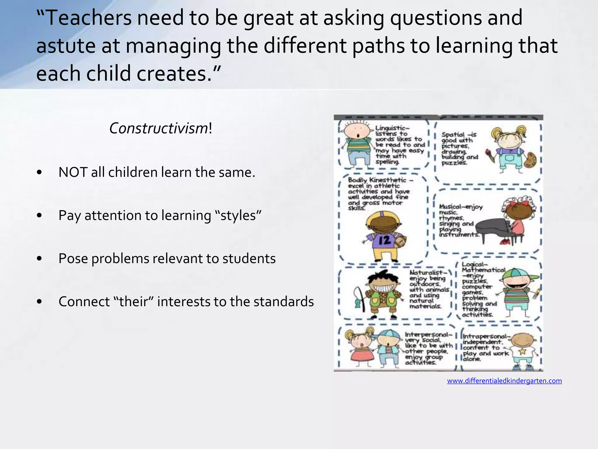 “Teachers need to be great at asking questions and 
astute at managing the different paths to learning that 
each child creates.” 
Constructivism! 
• NOT all children learn the same. 
• Pay attention to learning “styles” 
• Pose problems relevant to students 
• Connect “their” interests to the standards 
www.differentialedkindergarten.com 
 
