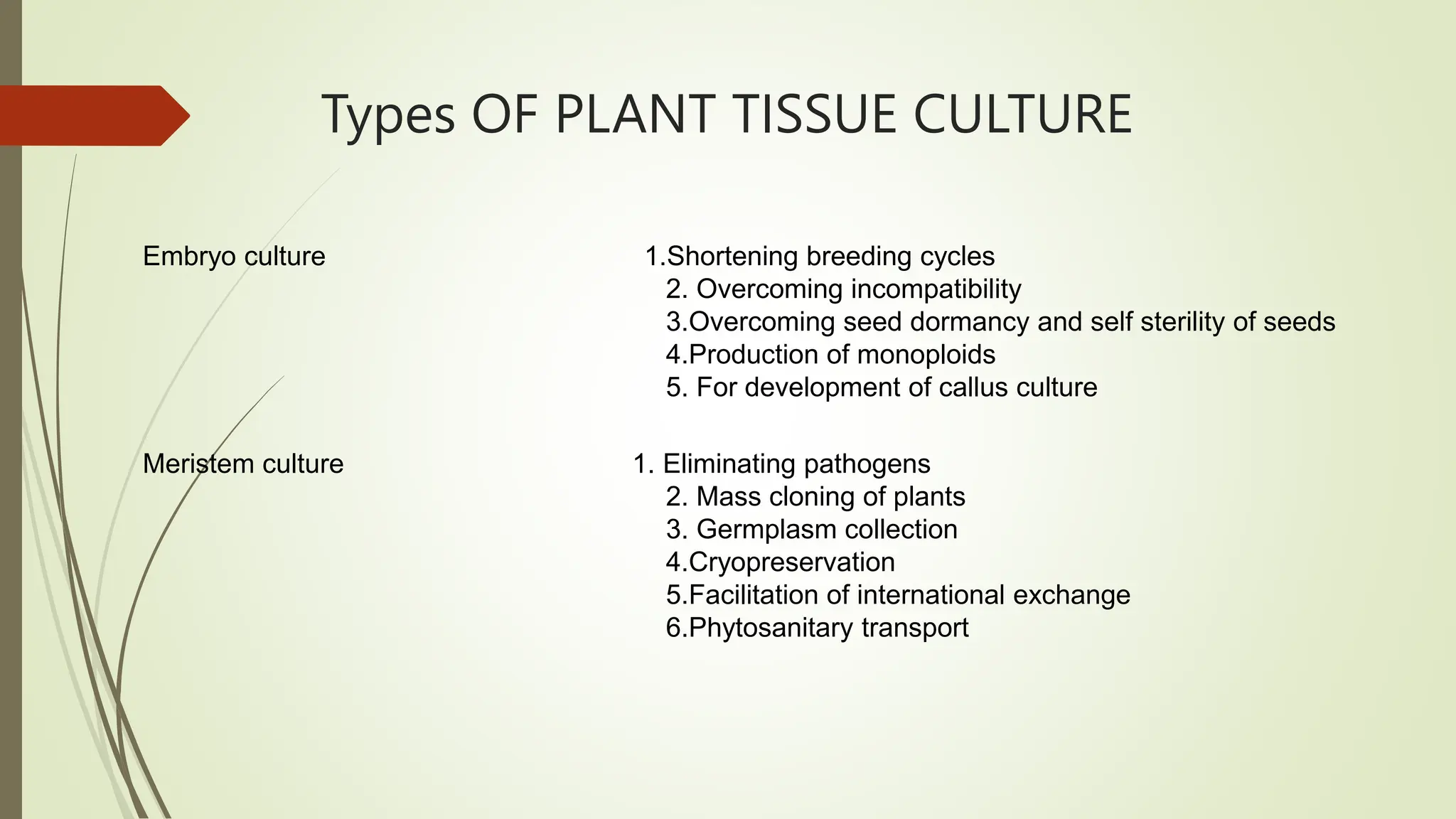 Types OF PLANT TISSUE CULTURE
Embryo culture 1.Shortening breeding cycles
2. Overcoming incompatibility
3.Overcoming seed dormancy and self sterility of seeds
4.Production of monoploids
5. For development of callus culture
Meristem culture 1. Eliminating pathogens
2. Mass cloning of plants
3. Germplasm collection
4.Cryopreservation
5.Facilitation of international exchange
6.Phytosanitary transport
 