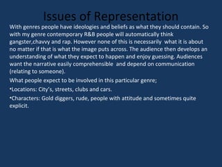 Issues of Representation

With genres people have ideologies and beliefs as what they should contain. So
with my genre con...