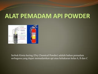 ALAT PEMADAM API POWDER
Serbuk Kimia kering (Dry Chemical Powder) adalah bahan pemadam
serbaguna yang dapat memadamkan api atau kebakaran kelas A, B dan C
 