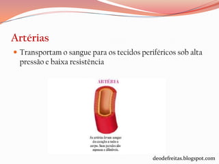 Artérias
 Transportam o sangue para os tecidos periféricos sob alta
  pressão e baixa resistência




                                           deodefreitas.blogspot.com
 