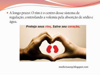  A longo prazo: O rim é o centro desse sistema de
  regulação, controlando a volemia pela absorção de sódio e
  água.




                                   medicinaunp.blogspot.com
 