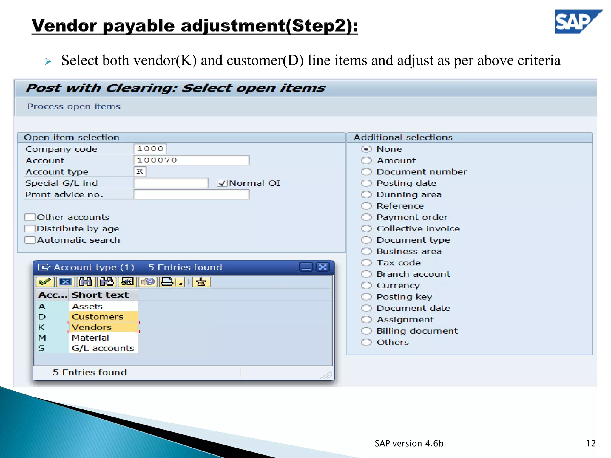  Select both vendor(K) and customer(D) line items and adjust as per above criteria
12SAP version 4.6b
 