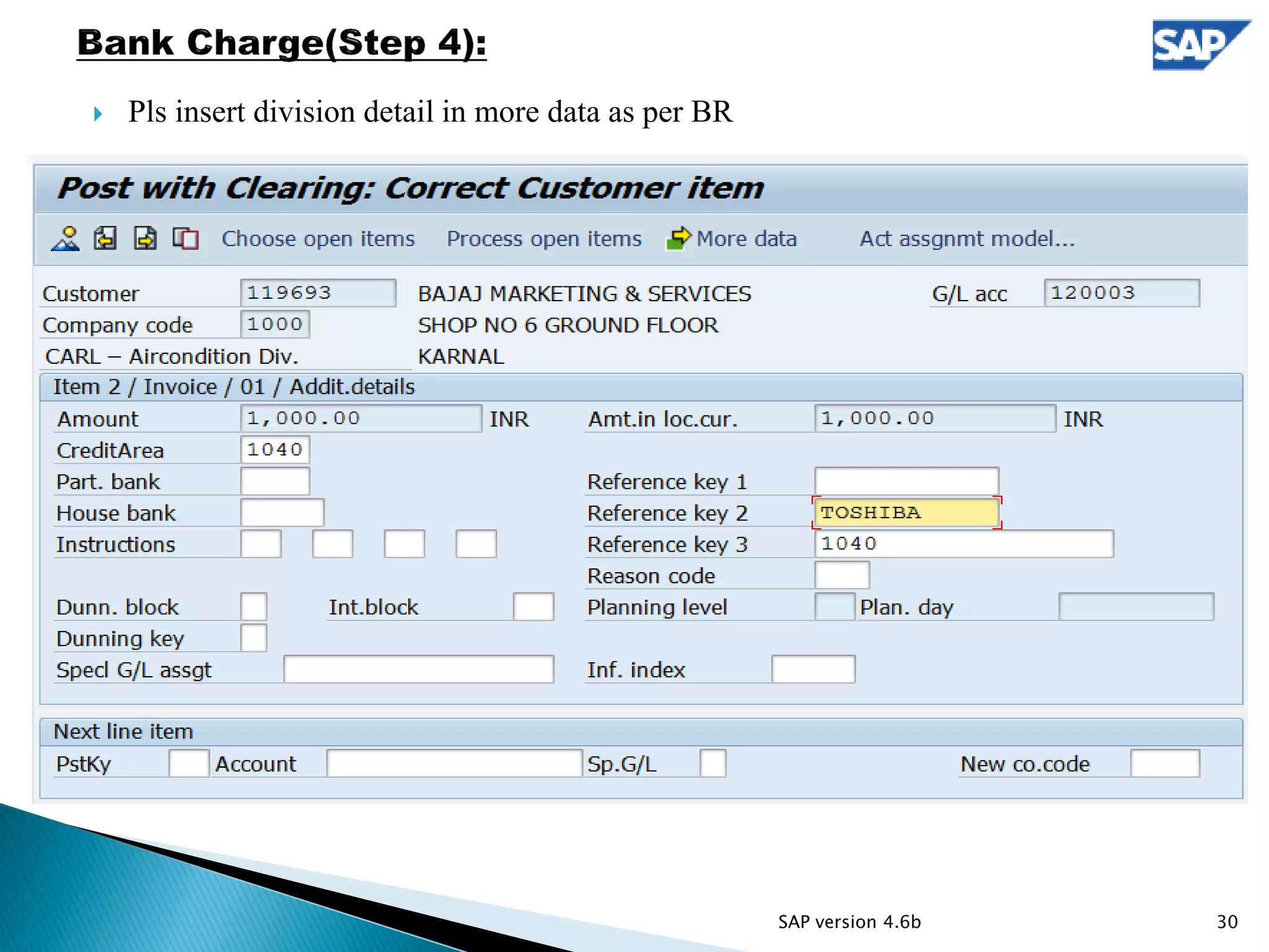  Pls insert division detail in more data as per BR
30SAP version 4.6b
 
