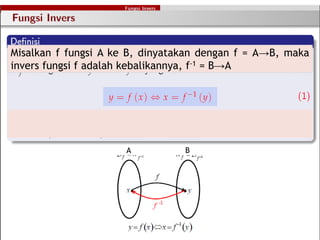 Misalkan f fungsi A ke B, dinyatakan dengan f = A→B, maka
invers fungsi f adalah kebalikannya, f-1 = B→A
A B
 