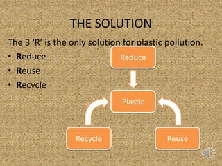 THE SOLUTION
The 3 ‘R’ is the only solution for plastic pollution.
• Reduce
• Reuse
• Recycle
Reduce
Recycle Reuse
Plastic
 