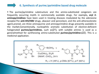  The purine/pyrimidine substructure and the amino-substituted congeners are
frequently occurring motifs in commercially available drugs. For example, aryl 2-
aminopyrimidines have been used in treating diseases modulated by the adenosine
receptor.The anti-HIV/HBV drugs, abacavir and penciclovir, and the anti-atherosclerotic
agent,aronixil, are three aminopurine and aminopyrimidine drugs presently available in
the market.Conventionally, nucleophilic aromatic substitution of electron-deficient
halogenated purines/pyrimidines, such as(21), with suitable amines is used as a
generalmethod for synthesizing amino-substituted purines/pyrimidines(22). This is a
medicinal application.
6. Symthesis of purine/pyrimidine based drug molecule
16
 