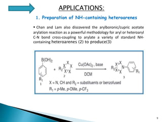 APPLICATIONS:
1. Preparation of NH-containing heteroarenes
 Chan and Lam also discovered the arylboronic/cupric acetate
arylation reaction as a powerful methodology for aryl or heteroaryl
C-N bond cross-coupling to arylate a variety of standard NH-
containing heteroarenes (2) to produce(3)
9
 