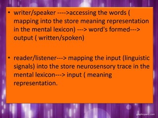 • writer/speaker ---->accessing the words (
mapping into the store meaning representation
in the mental lexicon) ---> word's formed--->
output ( written/spoken)
• reader/listener---> mapping the input (linguistic
signals) into the store neurosensory trace in the
mental lexicon---> input ( meaning
representation.
 