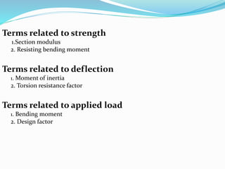 Terms related to strength
1.Section modulus
2. Resisting bending moment
Terms related to deflection
1. Moment of inertia
2. Torsion resistance factor
Terms related to applied load
1. Bending moment
2. Design factor
 