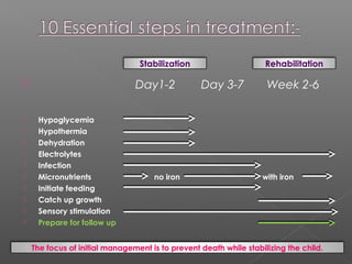  Day1-2 Day 3-7 Week 2-6
 Hypoglycemia
 Hypothermia
 Dehydration
 Electrolytes
 Infection
 Micronutrients no iron with iron
 Initiate feeding
 Catch up growth
 Sensory stimulation
 Prepare for follow up
Stabilization Rehabilitation
The focus of initial management is to prevent death while stabilizing the child.
 