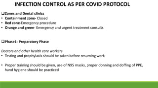 INFECTION CONTROL AS PER COVID PROTOCOL
Zones and Dental clinics
• Containment zone- Closed
• Red zone-Emergency procedure
• Orange and green- Emergency and urgent treatment consults
Phase1- Preparatory Phase
Doctors and other health care workers
• Testing and prophylaxis should be taken before resuming work
• Proper training should be given, use of N95 masks, proper donning and doffing of PPE,
hand hygiene should be practiced
 
