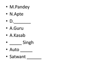 •   M.Pandey
•   N.Apte
•   D._______
•   A.Guru
•   A.Kasab
•   _____ Singh
•   Auto _____
•   Satwant ______
 