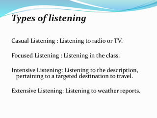 Types of listening
Casual Listening : Listening to radio or TV.
Focused Listening : Listening in the class.
Intensive Listening: Listening to the description,
pertaining to a targeted destination to travel.
Extensive Listening: Listening to weather reports.
 