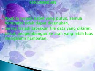 KEKURANGAN






Apabila terjadi kabel yang putus, semua
komputer tidak dapat digunakan.
Sering terjadi tabrakan file data yang dikirim.
Untuk pengembangan ke arah yang lebih luas
mengalami hambatan.

 