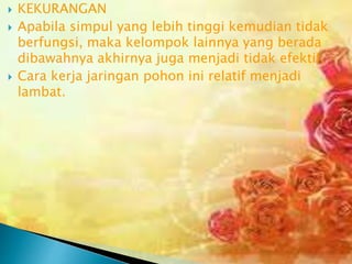 




KEKURANGAN
Apabila simpul yang lebih tinggi kemudian tidak
berfungsi, maka kelompok lainnya yang berada
dibawahnya akhirnya juga menjadi tidak efektif.
Cara kerja jaringan pohon ini relatif menjadi
lambat.

 