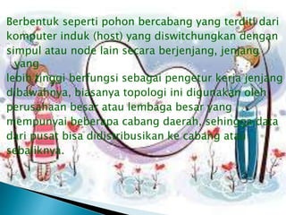 Berbentuk seperti pohon bercabang yang terditi dari
komputer induk (host) yang diswitchungkan dengan
simpul atau node lain secara berjenjang, jenjang
yang
lebih tinggi berfungsi sebagai pengetur kerja jenjang
dibawahnya, biasanya topologi ini digunakan oleh
perusahaan besar atau lembaga besar yang
mempunyai beberapa cabang daerah, sehingga data
dari pusat bisa didistribusikan ke cabang atau
sebaliknya.

 
