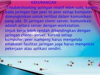 



KEKURANGAN
Troubleshooting jaringan relatif lebih sulit, karena
pada jaringan tipe peer to peer setiap komputer
dimungkinkan untuk terlibat dalam komunikasi
yang ada. Di jaringan client-server, komunikasi
adalah antara server dengan workstation.
Unjuk kerja lebih rendah dibandingkan dengan
jaringan client- server, karena setiap
komputer/peer isamping harus mengelola
emakaian fasilitas jaringan juga harus mengelola
pekerjaan atau aplikasi sendiri.

 