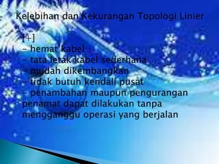 Kelebihan dan Kekurangan Topologi Linier
:
[+]
- hemat kabel
- tata letak kabel sederhana
- mudah dikembangkan
- tidak butuh kendali pusat
- penambahan maupun pengurangan
penamat dapat dilakukan tanpa
mengganggu operasi yang berjalan

 