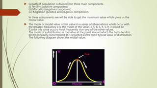  Growth of population is divided into three main components.
(i) Fertility (positive component)
(ii) Mortality (negative component)
(iii) Migration (positive and negative component)
In these components we will be able to get the maximum value which gives us the
modal value.
 The mode or modal value is that value in a series of observations which occur with
the greatest frequency e.g. the mode of the series 3, 5, 8, 5, 4, 5, 9, 3 would be
5,since this value occurs most frequently than any of the other values.
The mode of a distribution is the value at the point around which the items tend to
be most heavily concentrated. It is regarded as the most typical value of distribution.
The following diagram shows the modal value:
 
