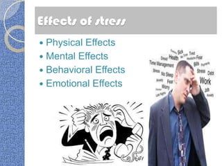 Effects of stress
 Physical Effects
 Mental Effects
 Behavioral Effects
 Emotional Effects
 