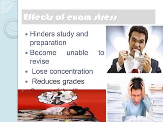 Effects of exam stress
 Hinders study and
  preparation
 Become      unable to
  revise
 Lose concentration
 Reduces grades
 Cause of the illness
 