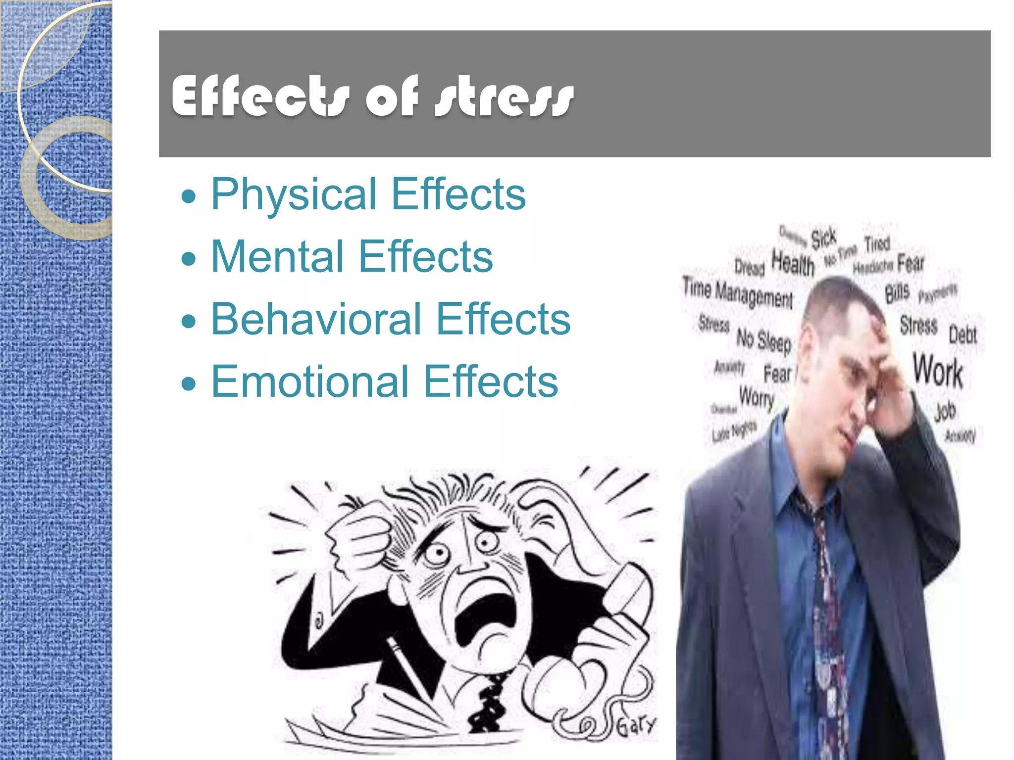 Effects of stress
 Physical Effects
 Mental Effects
 Behavioral Effects
 Emotional Effects
 