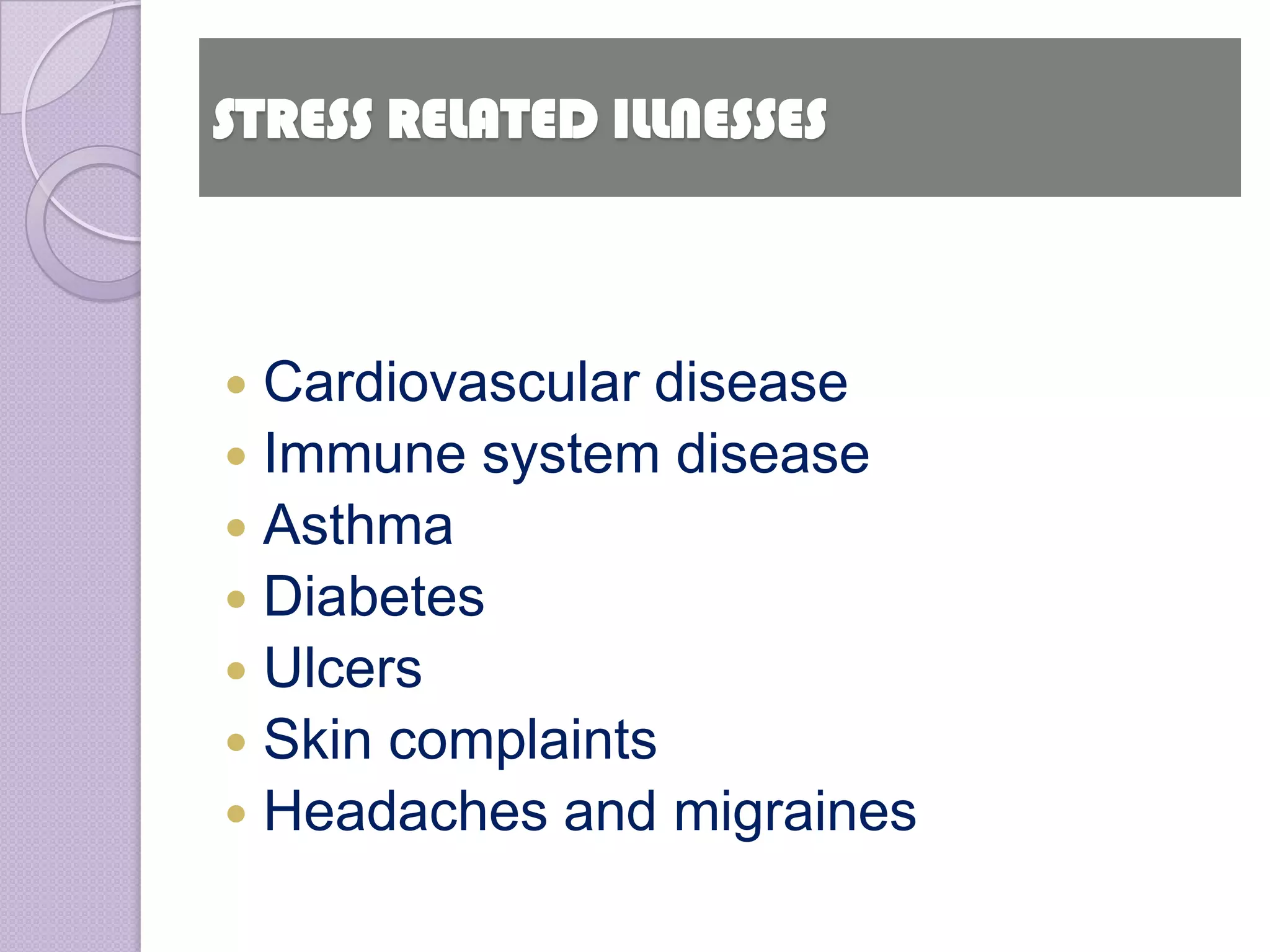 STRESS RELATED ILLNESSES



 Cardiovascular disease
 Immune system disease
 Asthma
 Diabetes
 Ulcers
 Skin complaints
 Headaches and migraines
 