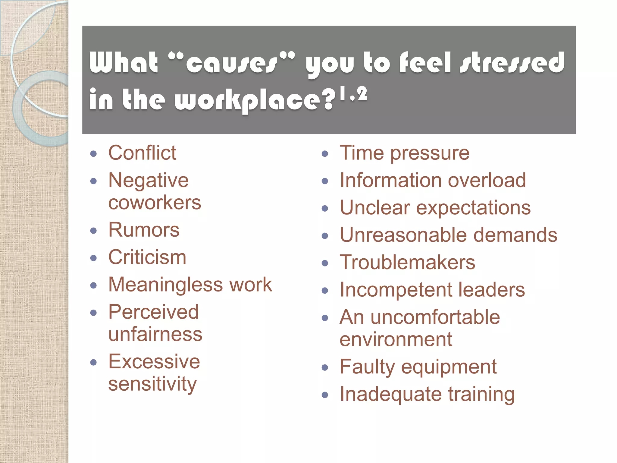What “causes” you to feel stressed
in the workplace?1,2
   Conflict            Time pressure
   Negative            Information overload
    coworkers           Unclear expectations
   Rumors              Unreasonable demands
   Criticism           Troublemakers
   Meaningless work    Incompetent leaders
   Perceived           An uncomfortable
    unfairness           environment
   Excessive           Faulty equipment
    sensitivity         Inadequate training
 