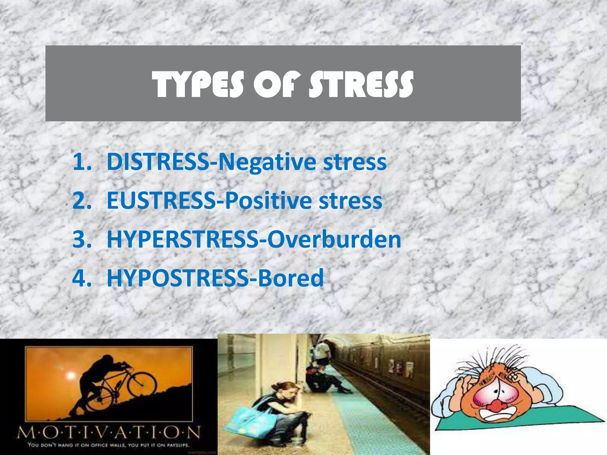 TYPES OF STRESS
1.   DISTRESS-Negative stress
2.   EUSTRESS-Positive stress
3.   HYPERSTRESS-Overburden
4.   HYPOSTRESS-Bored
 