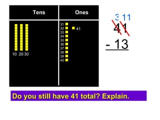Tens  Ones 41 - 13 3 11 Do you still have 41 total? Explain. 10 20 30 31 32 33 34 35 36 37 38 39 40 41 