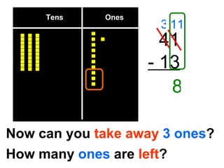 Tens  Ones 41 - 13 Now can you  take away   3 ones ? 3 11 How many  ones  are  left ? 8 
