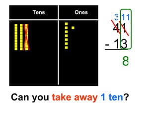 Tens  Ones 41 - 13 3 11 Can you  take away   1 ten ? 8 