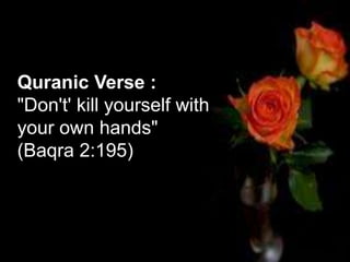 Quranic Verse :
"Don't' kill yourself with
your own hands"
(Baqra 2:195)
 