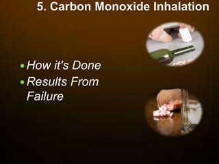 5. Carbon Monoxide Inhalation
How it's Done
Results From
Failure
 