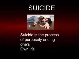 SUICIDE
Suicide is the process
of purposely ending
one’s
Own life
 