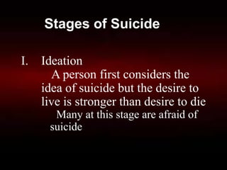 Stages of Suicide
I. Ideation
A person first considers the
idea of suicide but the desire to
live is stronger than desire to die
Many at this stage are afraid of
suicide
 