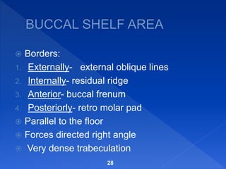  Borders:
1. Externally- external oblique lines
2. Internally- residual ridge
3. Anterior- buccal frenum
4. Posteriorly- retro molar pad
 Parallel to the floor
 Forces directed right angle
 Very dense trabeculation
28
 