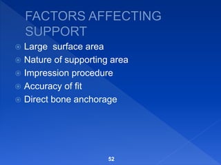  Large surface area
 Nature of supporting area
 Impression procedure
 Accuracy of fit
 Direct bone anchorage
52
 