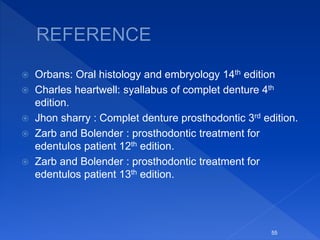  Orbans: Oral histology and embryology 14th edition
 Charles heartwell: syallabus of complet denture 4th
edition.
 Jhon sharry : Complet denture prosthodontic 3rd edition.
 Zarb and Bolender : prosthodontic treatment for
edentulos patient 12th edition.
 Zarb and Bolender : prosthodontic treatment for
edentulos patient 13th edition.
55
 